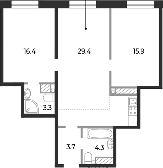 Планировка евротрёшка (3Е) 72.8 м² в ЖК «Neva Haus», корпус 8