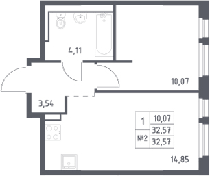 Планировка однокомнатная 32.57 м² в ЖК «Невская Долина», корпус 1.3