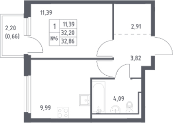 Планировка однокомнатная 32.86 м² в ЖК «Невская Долина», корпус 1.3