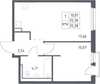 Планировка евродвушка (2Е) 35.38 м² в ЖК «Невская Долина», корпус 1.3