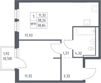 Планировка евродвушка (2Е) 38.84 м² в ЖК «Невская Долина», корпус 1.3