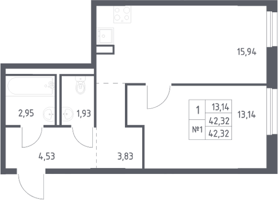 Планировка евродвушка (2Е) 42.32 м² в ЖК «Невская Долина», корпус 1.2