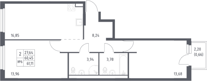 Планировка евротрёшка (3Е) 61.11 м² в ЖК «Невская Долина», корпус 1.3