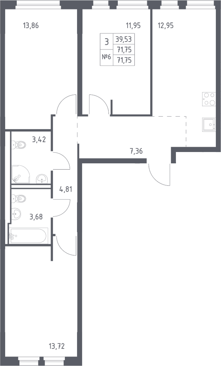 Планировка трёхкомнатная 71.75 м² в ЖК «Невская Долина», корпус 1.3