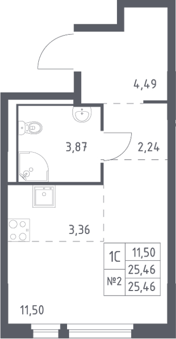 Планировка Студии 25.46 м² в ЖК «Невская Долина», корпус 1.3