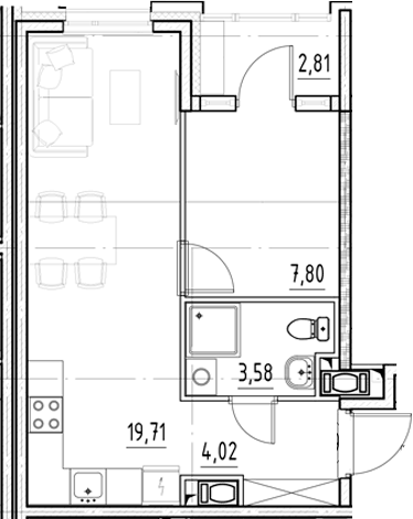 Планировка евродвушка (2Е) 36.52 м² в ЖК «Нигилист», корпус Жизнь