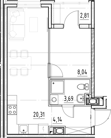 Планировка евродвушка (2Е) 37.59 м² в ЖК «Нигилист», корпус Жизнь