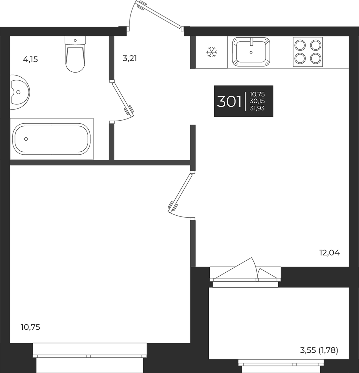 Планировка однокомнатная 31.93 м² в ЖК «Новатория», корпус Б