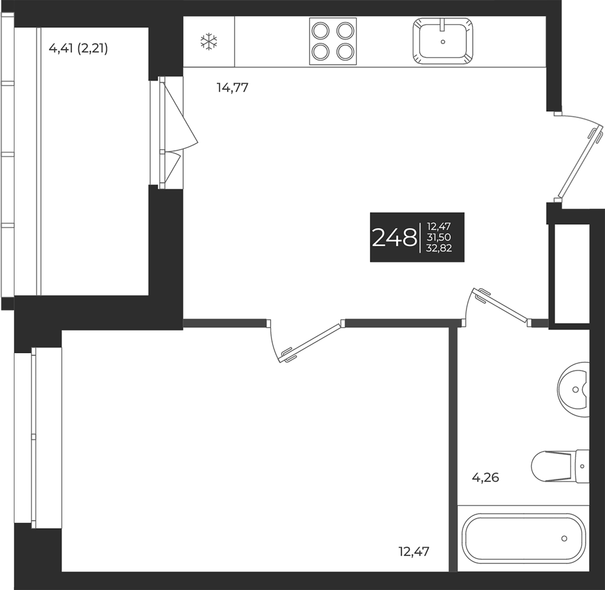 Планировка однокомнатная 32.82 м² в ЖК «Новатория», корпус А