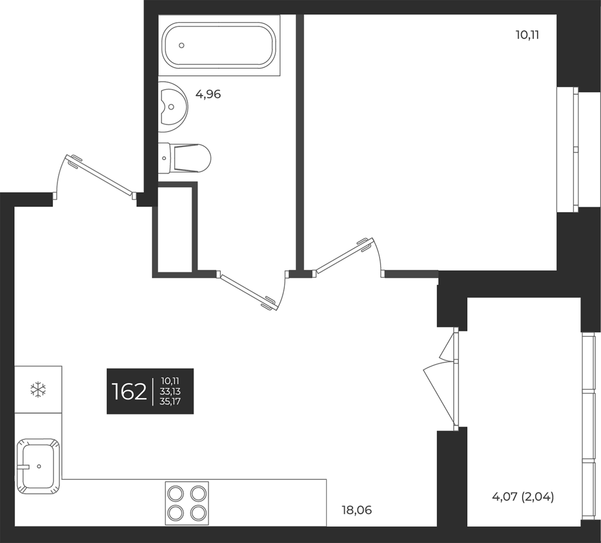 Планировка евродвушка (2Е) 35.17 м² в ЖК «Новатория», корпус А