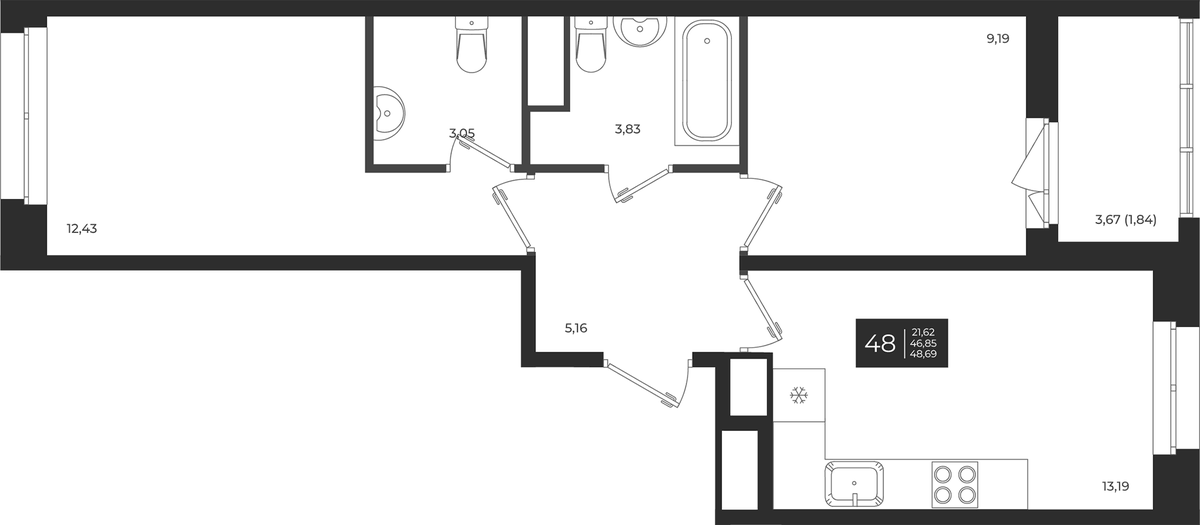 Планировка двухкомнатная 48.69 м² в ЖК «Новатория», корпус А