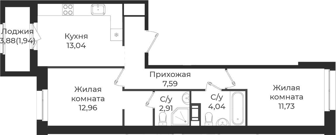 Планировка двухкомнатная 54.21 м² в ЖК «Новатория», корпус А
