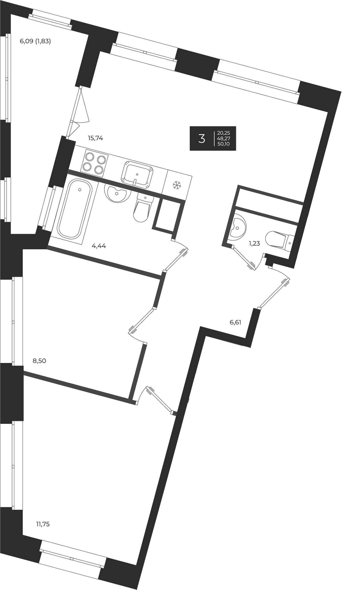 Планировка евротрёшка (3Е) 50.1 м² в ЖК «Новатория», корпус Б