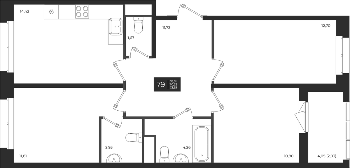 Планировка трёхкомнатная 72.35 м² в ЖК «Новатория», корпус А