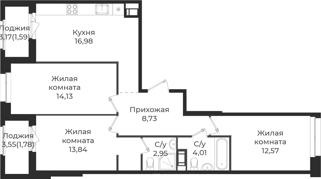 Планировка евро-4 (4Е) 76.58 м² в ЖК «Новатория», корпус А