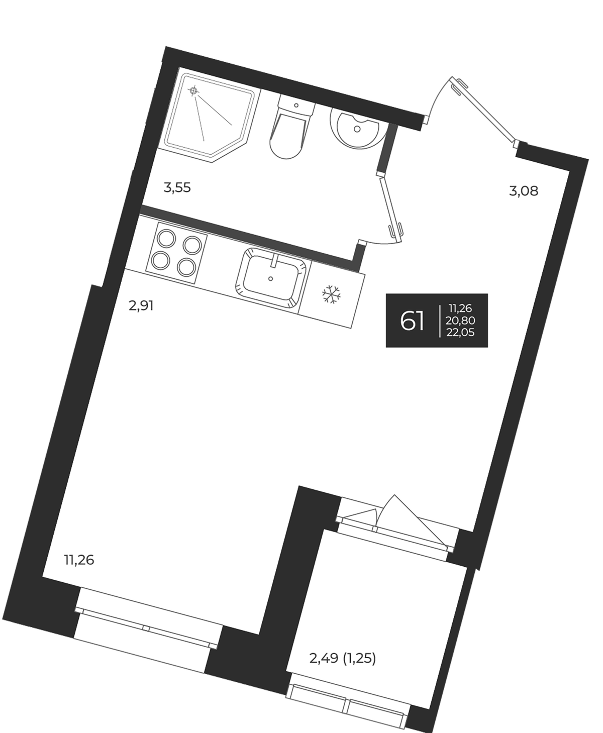 Планировка Студии 22.05 м² в ЖК «Новатория», корпус Б