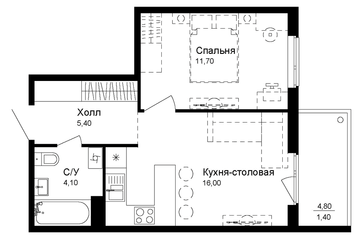 Планировка однокомнатная 38.6 м² в ЖК «Эко квартал Новая Дубровка», корпус 3