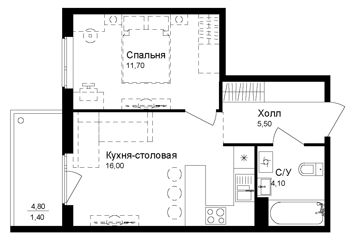 Планировка однокомнатная 38.7 м² в ЖК «Эко квартал Новая Дубровка», корпус 3