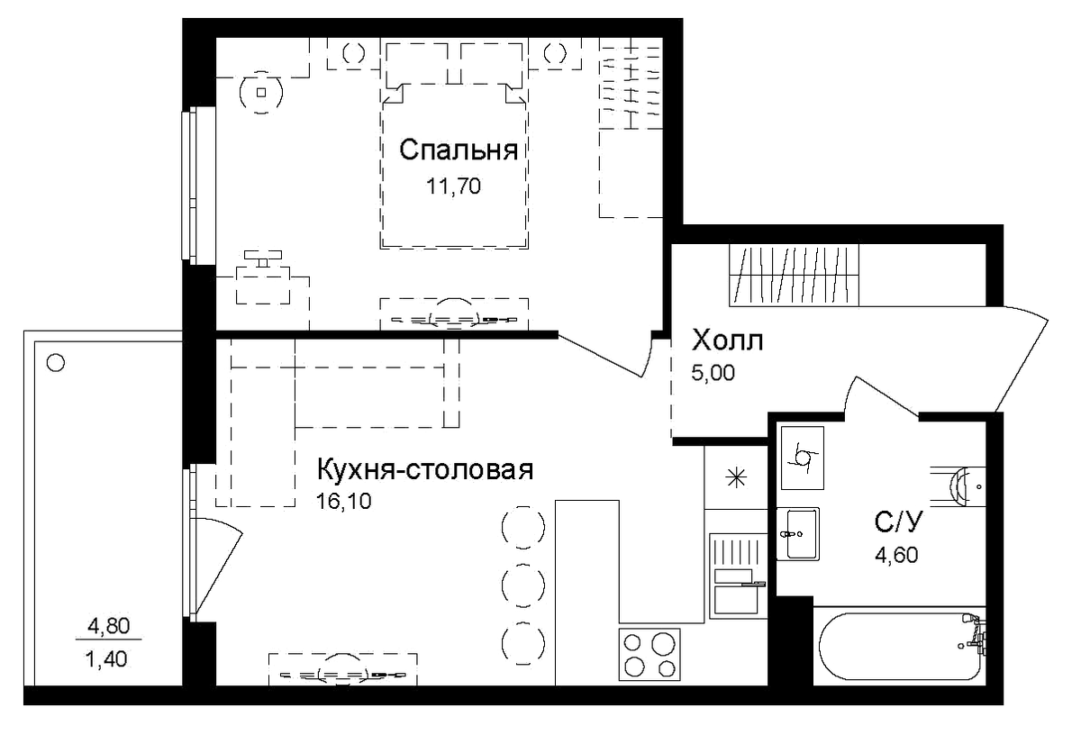 Планировка однокомнатная 38.8 м² в ЖК «Эко квартал Новая Дубровка», корпус 3