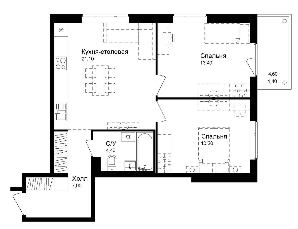 Планировка двухкомнатная 61.4 м² в ЖК «Эко квартал Новая Дубровка», корпус 3