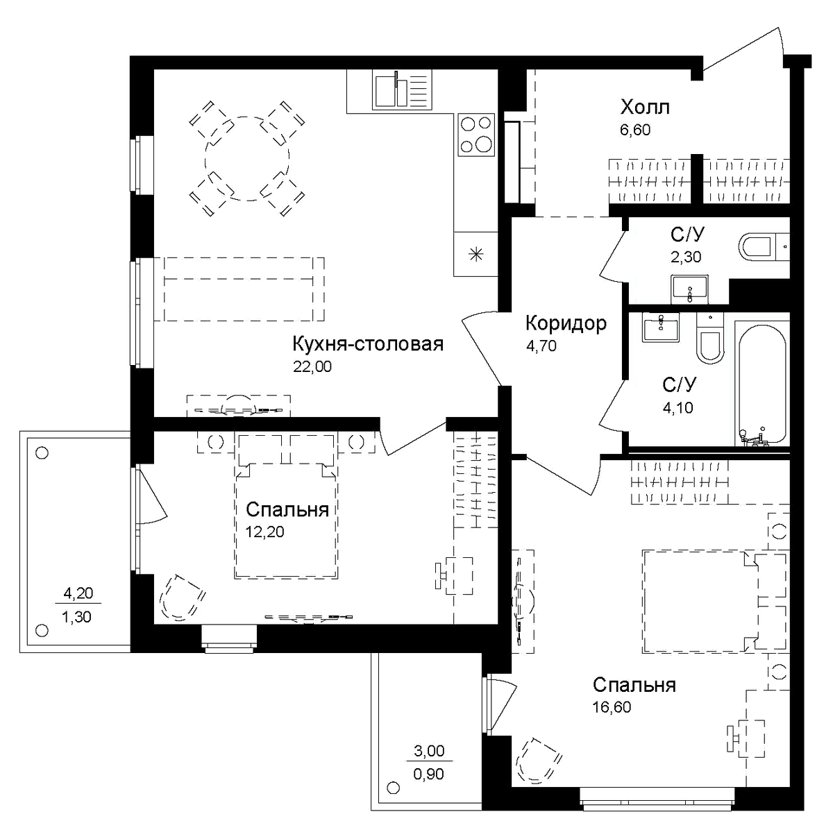 Планировка двухкомнатная 70.7 м² в ЖК «Эко квартал Новая Дубровка», корпус 3
