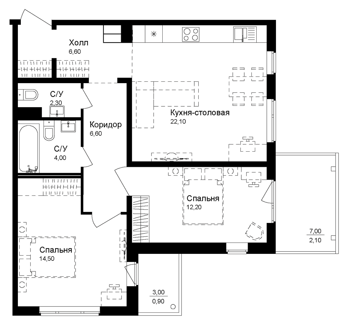 Планировка двухкомнатная 71.3 м² в ЖК «Эко квартал Новая Дубровка», корпус 3