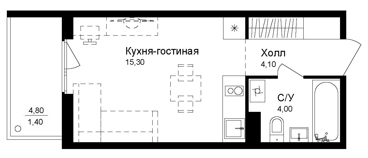 Планировка Студии 24.8 м² в ЖК «Эко квартал Новая Дубровка», корпус 3