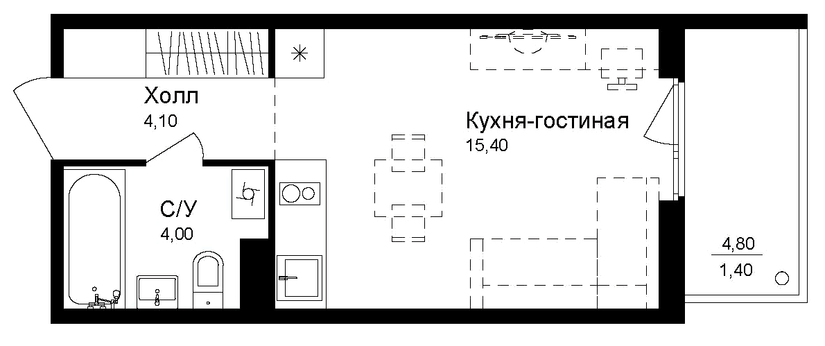 Планировка Студии 24.9 м² в ЖК «Эко квартал Новая Дубровка», корпус 3
