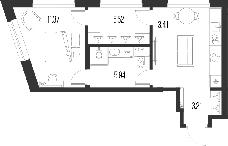 Планировка однокомнатная 39.45 м² в ЖК «Новая земля», корпус 1