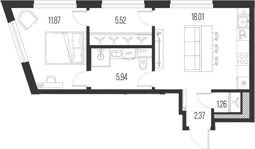 Планировка евродвушка (2Е) 44.97 м² в ЖК «Новая земля», корпус 1