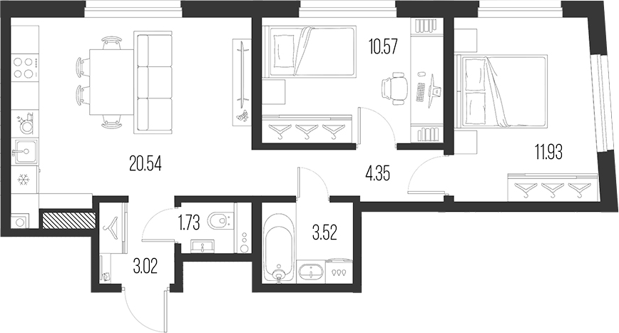 Планировка евротрёшка (3Е) 55.66 м² в ЖК «Новая земля», корпус 5