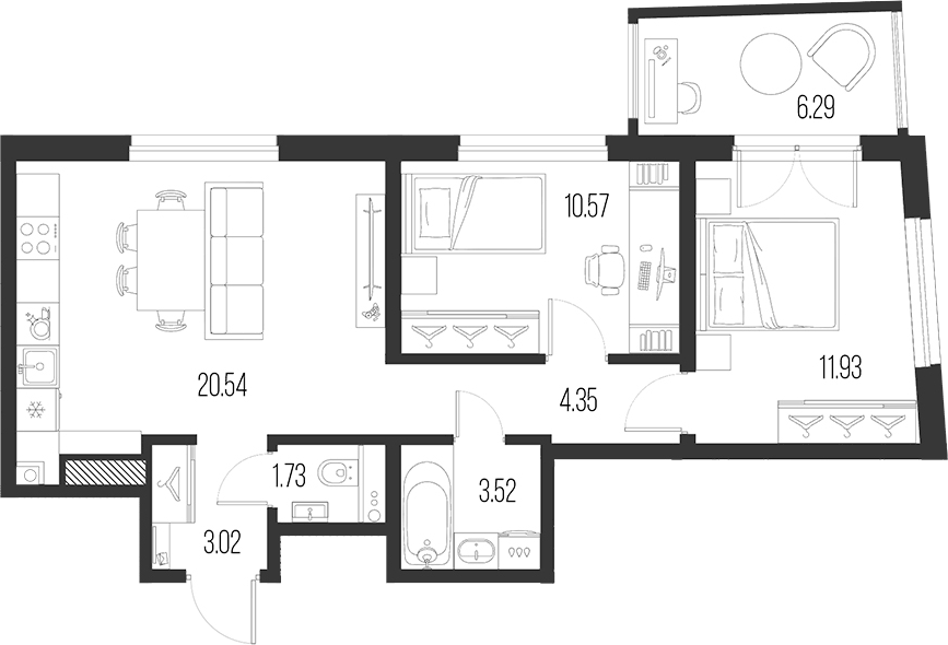 Планировка евротрёшка (3Е) 57.55 м² в ЖК «Новая земля», корпус 5