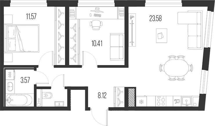 Планировка евротрёшка (3Е) 59.08 м² в ЖК «Новая земля», корпус 6