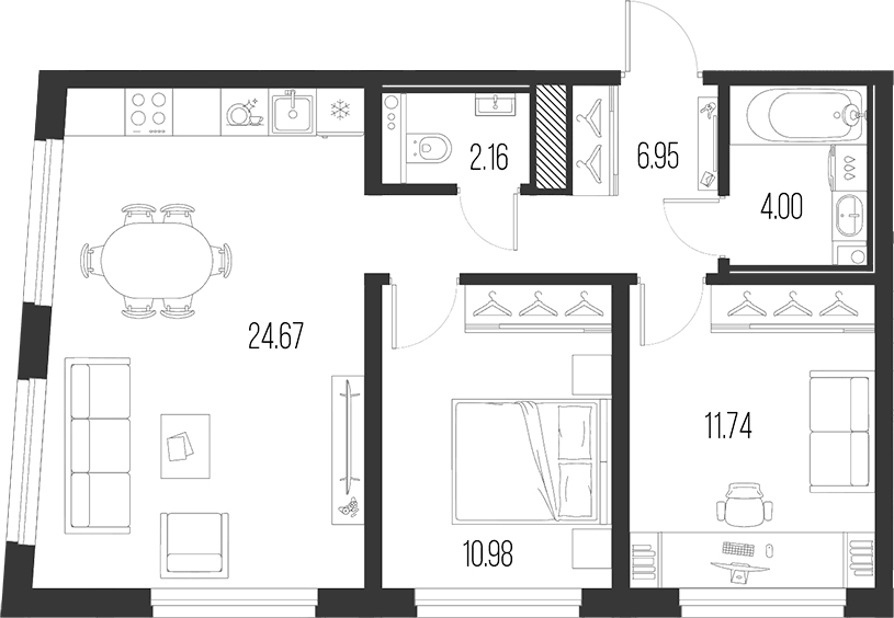 Планировка евротрёшка (3Е) 60.5 м² в ЖК «Новая земля», корпус 5