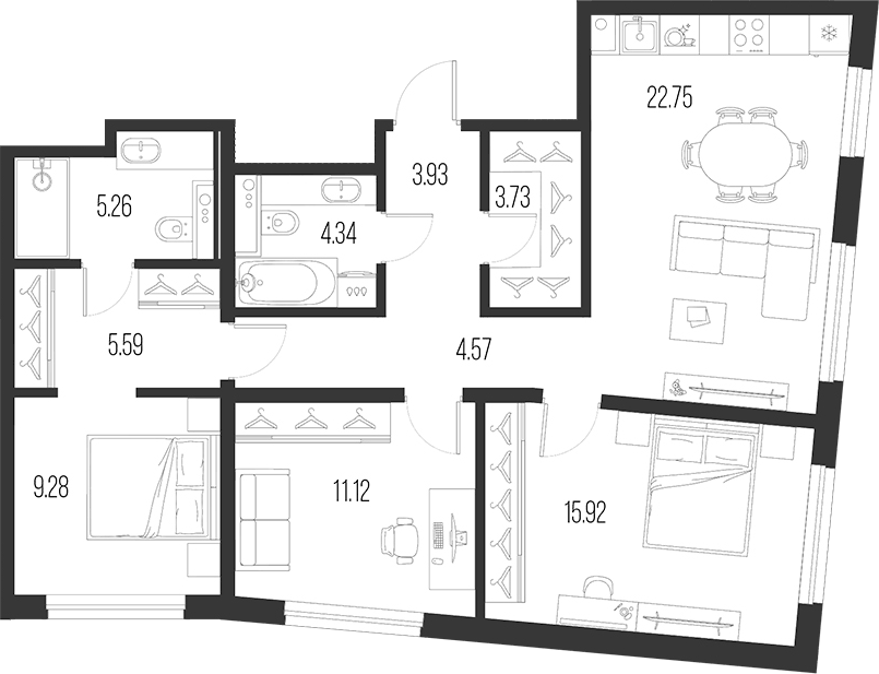 Планировка евро-4 (4Е) 86.49 м² в ЖК «Новая земля», корпус 6