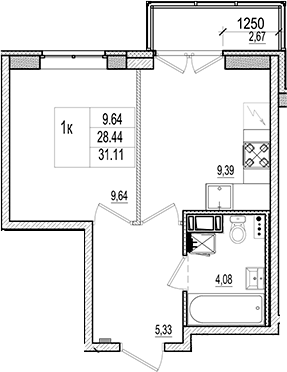 Планировка однокомнатная 29.24 м² в ЖК «Ново-Антропшино», корпус 19