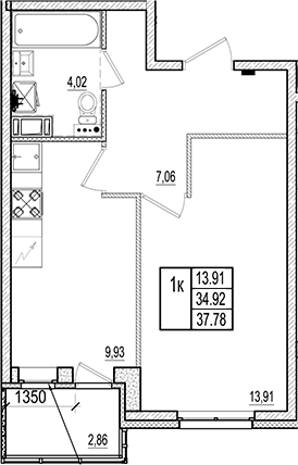 Планировка однокомнатная 36.35 м² в ЖК «Ново-Антропшино», корпус 18