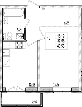 Планировка однокомнатная 38.46 м² в ЖК «Ново-Антропшино», корпус 19