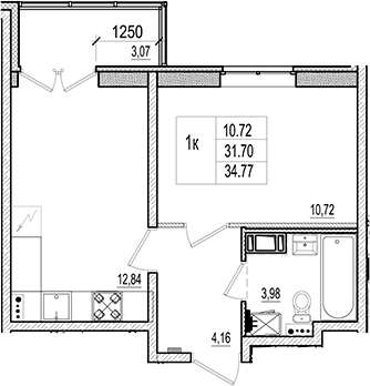 Планировка евродвушка (2Е) 33.24 м² в ЖК «Ново-Антропшино», корпус 19