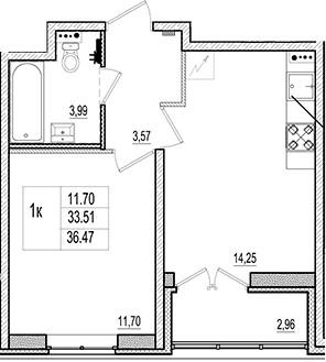 Планировка евродвушка (2Е) 34.99 м² в ЖК «Ново-Антропшино», корпус 19