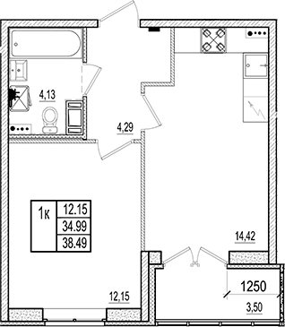 Планировка евродвушка (2Е) 36.74 м² в ЖК «Ново-Антропшино», корпус 18
