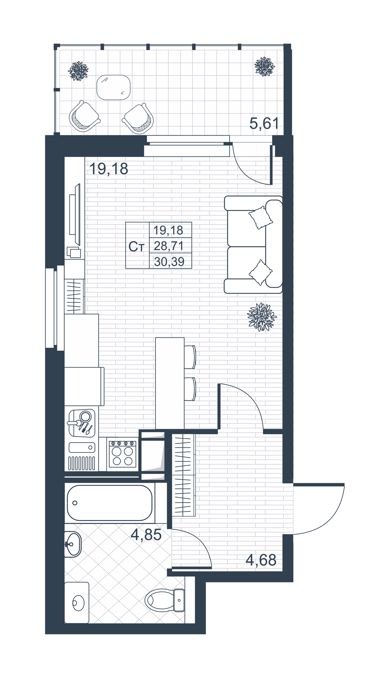 Планировка Студии 28.4 м² в ЖК «Ново-Антропшино», корпус 4.4