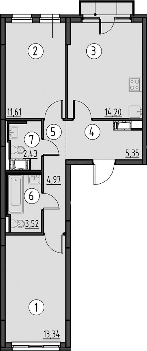 Планировка двухкомнатная 55.85 м² в ЖК «Новое Колпино», корпус 37