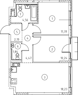 Планировка евротрёшка (3Е) 53.33 м² в ЖК «Новое Колпино», корпус 31