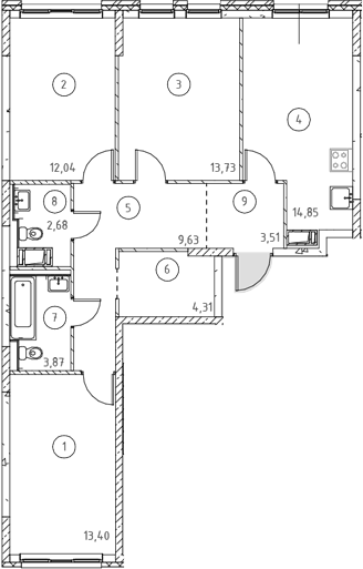 Планировка трёхкомнатная 78.02 м² в ЖК «Новое Колпино», корпус 33