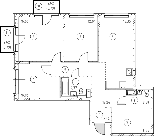 Планировка евро-4 (4Е) 88.94 м² в ЖК «Новое Колпино», корпус 35.2