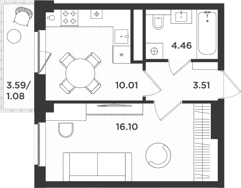 Планировка однокомнатная 35.16 м² в ЖК «Новокасимово», корпус ТХ-4
