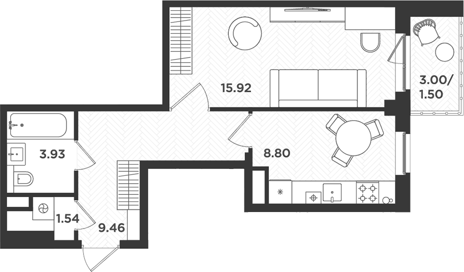 Планировка однокомнатная 41.15 м² в ЖК «Новокасимово», корпус ТХ-4