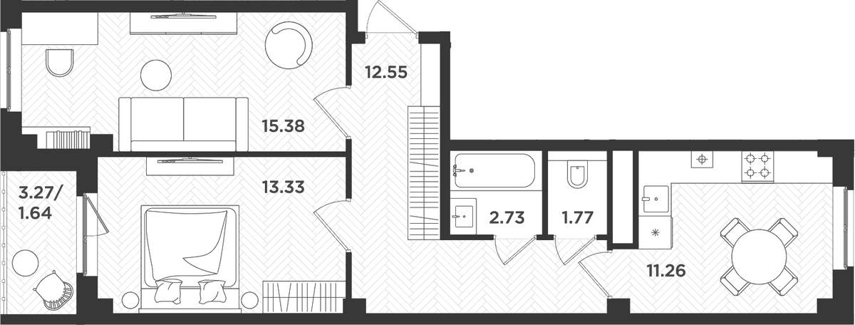 Планировка двухкомнатная 58.66 м² в ЖК «Новокасимово», корпус ТХ-4
