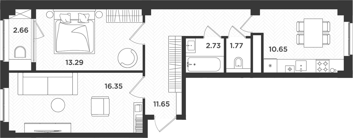 Планировка двухкомнатная 59.1 м² в ЖК «Новокасимово», корпус ТХ-4